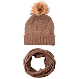 Taupegrå lue med dusk samt halsvarmer i kasjmir